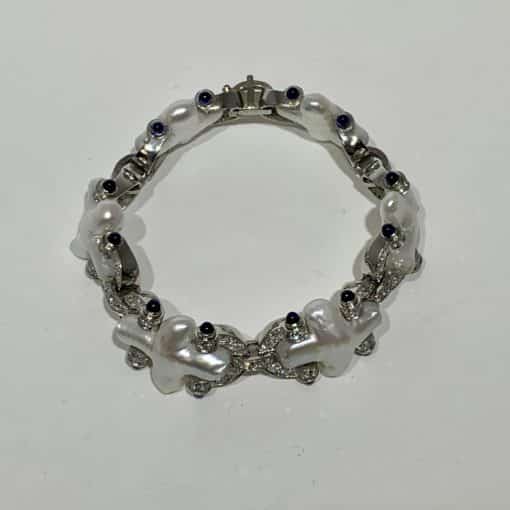 CHRISTOPHER WALLING Platinum Pearl Diamond and Sapphire Bracelet 2