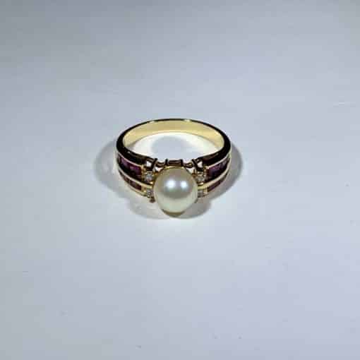 Custom 14kt Gold Pearl Ring with Rubies 1