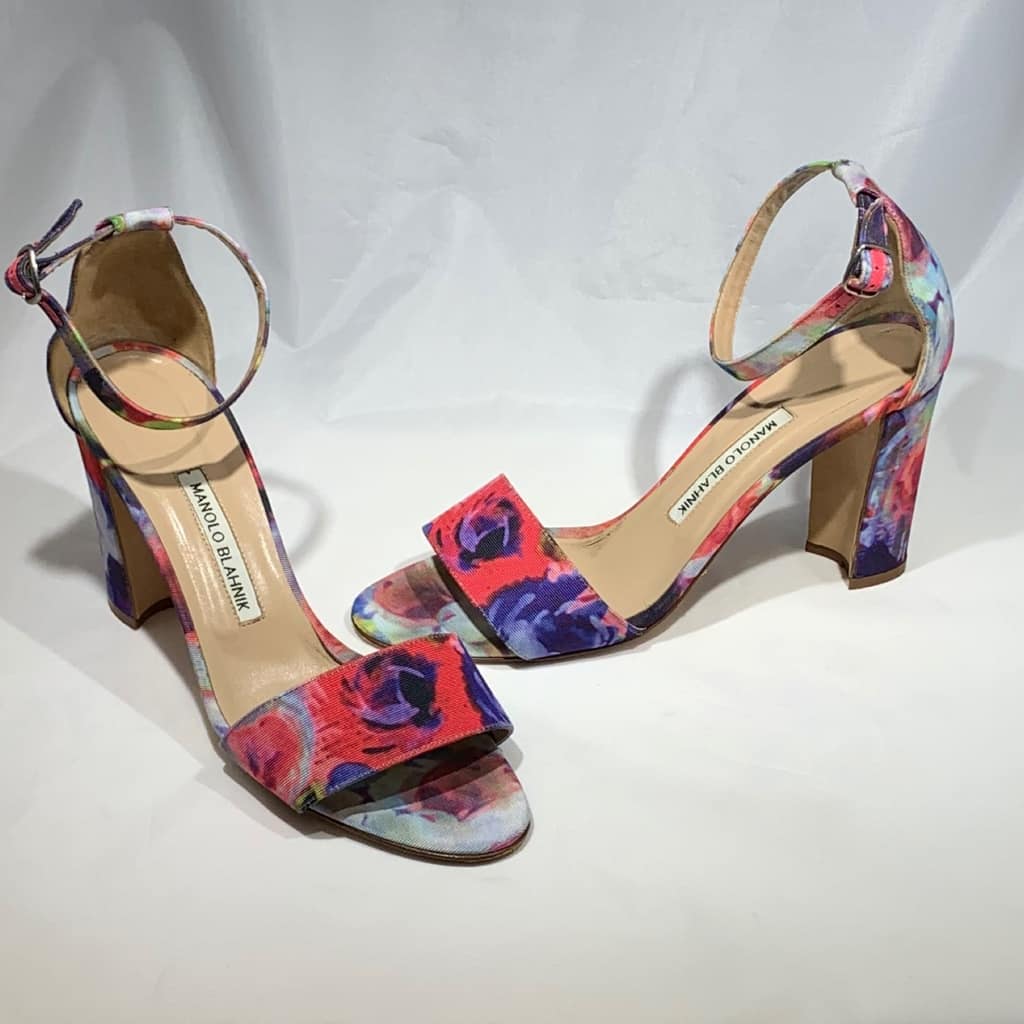 MANOLO BLAHNIK Pink and Blue Floral Sandal