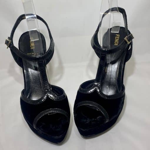 Fendi Velvet Peep Toe Sandal in Black 1