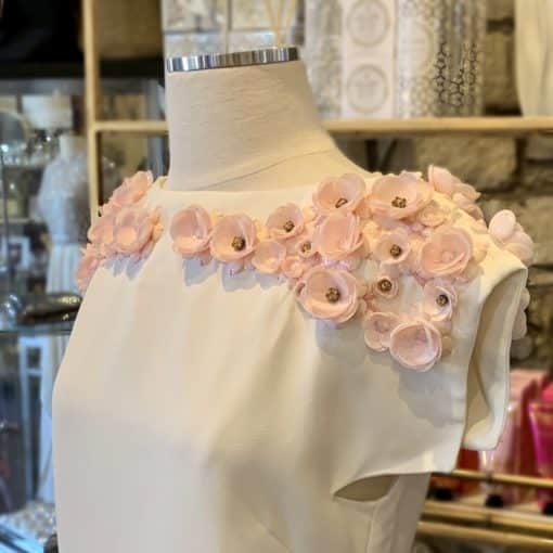 GIAMBATTISTA VALLI Floral Applique Ruffle Dress in White and Pink 1