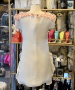 GIAMBATTISTA VALLI Floral Applique Ruffle Dress in White and Pink 2