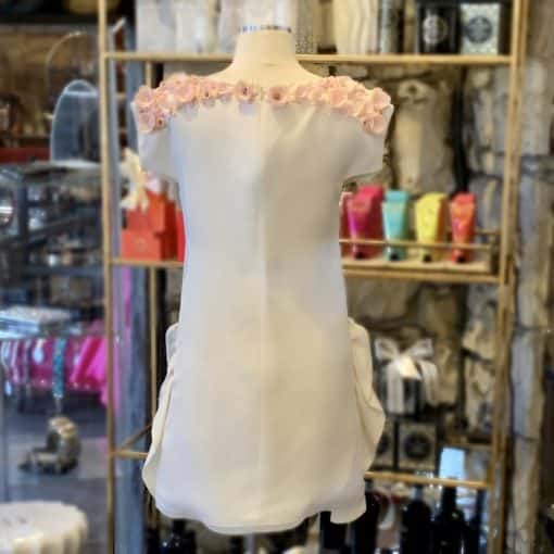 GIAMBATTISTA VALLI Floral Applique Ruffle Dress in White and Pink 2