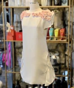 GIAMBATTISTA VALLI Floral Applique Ruffle Dress in White and Pink