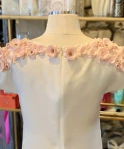 GIAMBATTISTA VALLI Floral Applique Ruffle Dress in White and Pink 3