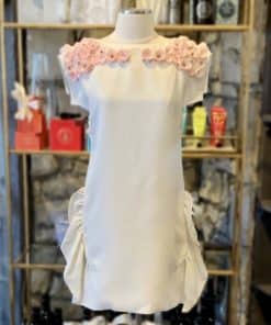GIAMBATTISTA VALLI Floral Applique Ruffle Dress in White and Pink 4