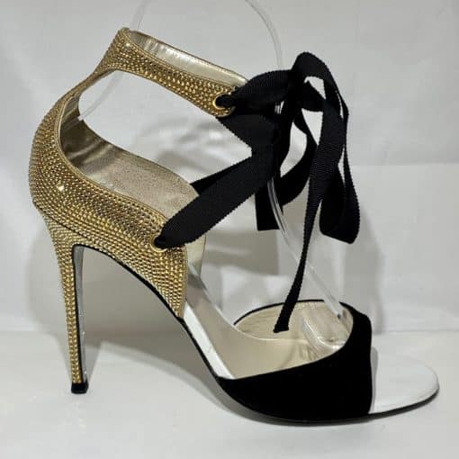 RENE CAOVILLA Crystal Ribbon Sandal Heel in Gold 1