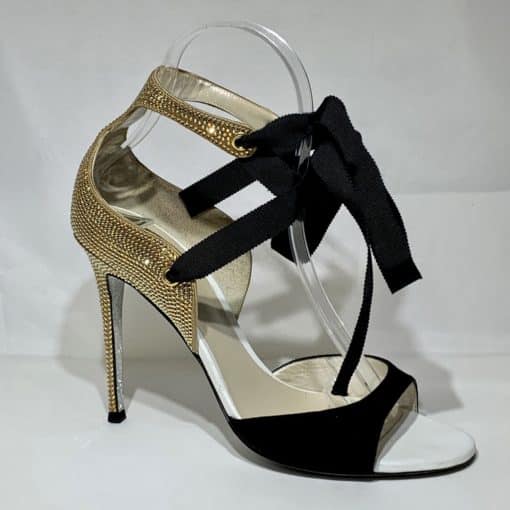 RENE CAOVILLA Crystal Ribbon Sandal Heel in Gold 4