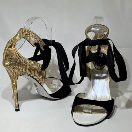 RENE CAOVILLA Crystal Ribbon Sandal Heel in Gold