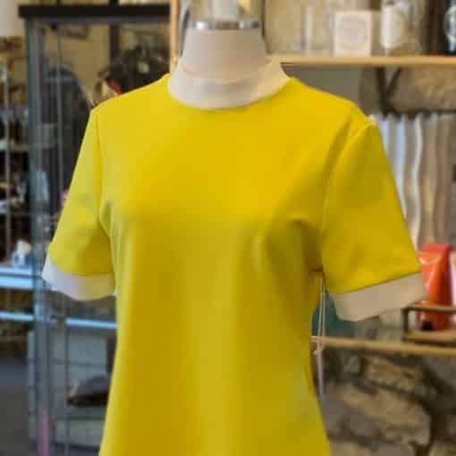 STAUD Short Sleeve Crew Neck Mini Dress in Yellow and White 1