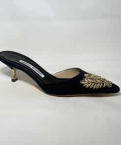 MANOLO BLAHNIK Embroidered Kitten Heel in Black and Gold 1