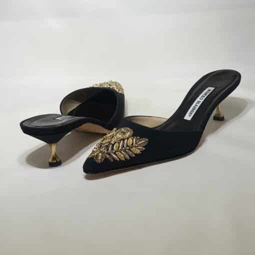 MANOLO BLAHNIK Embroidered Kitten Heel in Black and Gold