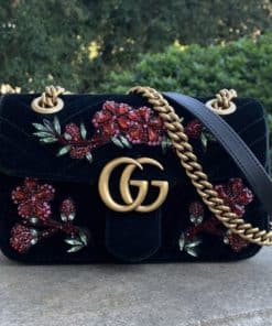 GUCCI GG Marmont Velvet Crystal Embellished Shoulder Bag in Black