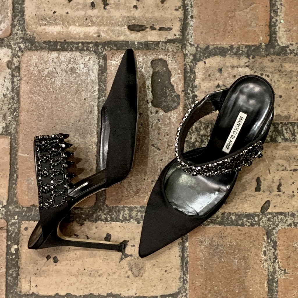 MANOLO BLAHNIK Jewel Satin Sandal Heel in Black (39) - More Than You