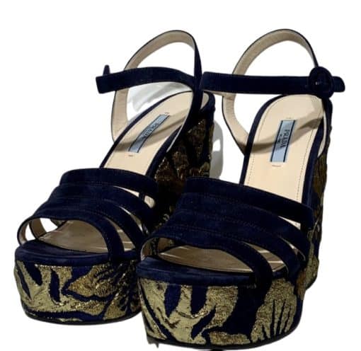PRADA Damask Wedges in Navy and Gold 1