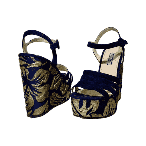 PRADA Damask Wedges in Navy and Gold 3