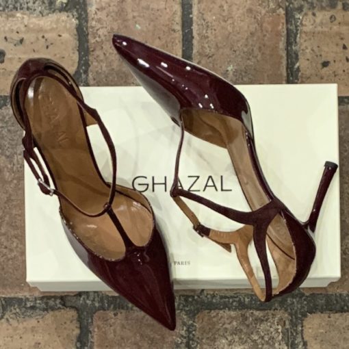 GHAZAL Patent T Strap Sandal Heel in Burgundy (39.5) 1