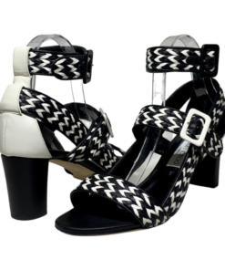 JIMMY CHOO Woven Sandal Heel in Black and White 39.5 6