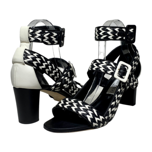 JIMMY CHOO Woven Sandal Heel in Black and White 39.5 2
