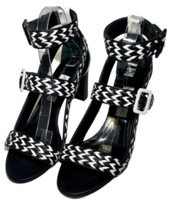 JIMMY CHOO Woven Sandal Heel in Black and White 39.5 9