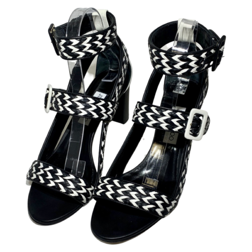 JIMMY CHOO Woven Sandal Heel in Black and White 39.5 5