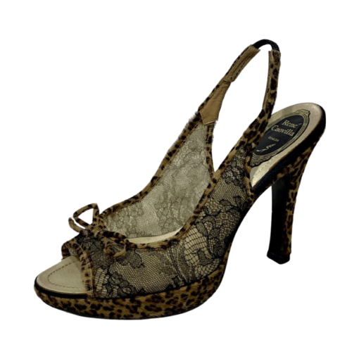 RENE CAOVILLA Leopard Lace Slingback Heels in Black and Brown 39.5 2