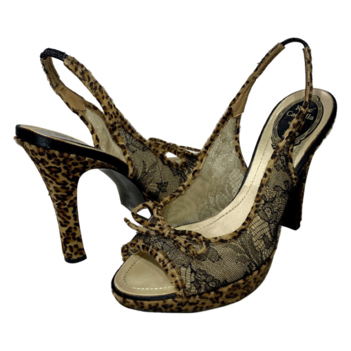 RENE CAOVILLA Leopard Lace Slingback Heels in Black and Brown 39.5 7