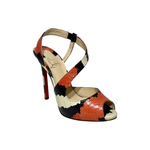CHRISTIAN LOUBOUTIN Python Sandal in Coral and Black 37.5 1