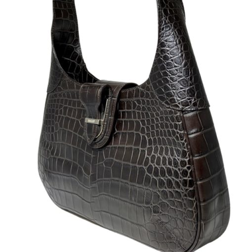 BALLY Croc Embossed Leather Shoulder Bag in Dark Brown 2