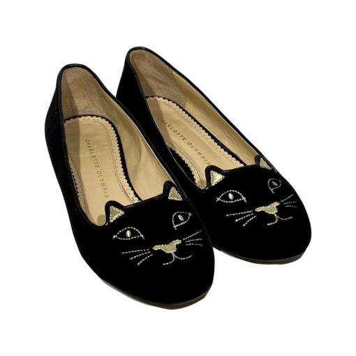 CHARLOTTE OLYMPIA Velvet Cat Flats in Black and Gold (39) 2
