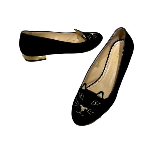 CHARLOTTE OLYMPIA Velvet Cat Flats in Black and Gold (39) 6