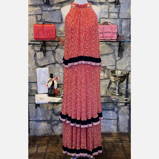 DEREK LAM Floral Tiered Dress in Red and Pink (6) 1