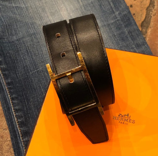 HERMES Quentin Reversible Belt in Black and Saddle (90) 1