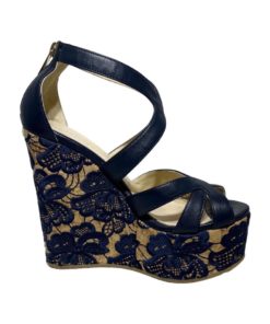 JIMMY CHOO Lace Cork Wedges in Navy (36.5) 10