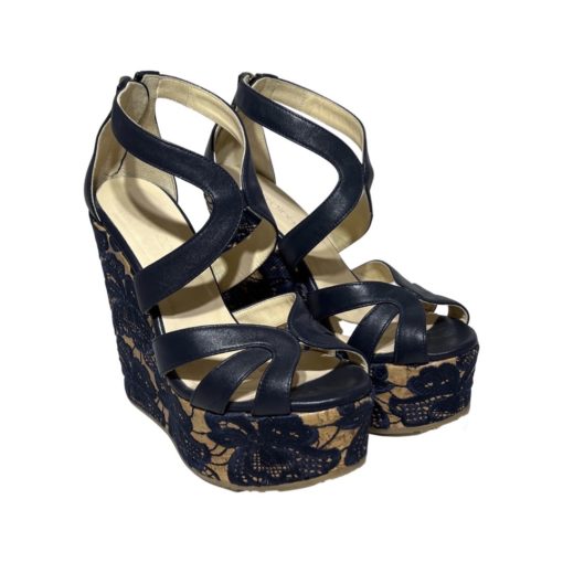 JIMMY CHOO Lace Cork Wedges in Navy (36.5) 7