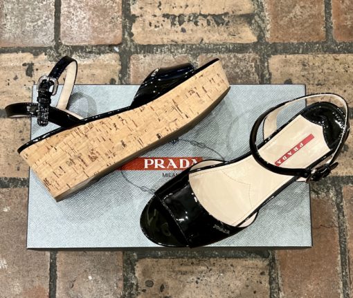 PRADA Patent Cork Wedge Sandal in Black (39) 1