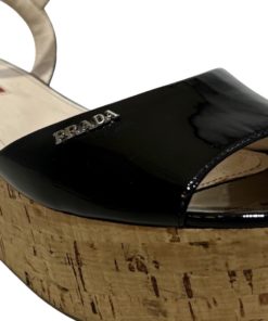 PRADA Patent Cork Wedge Sandal in Black (39) 8