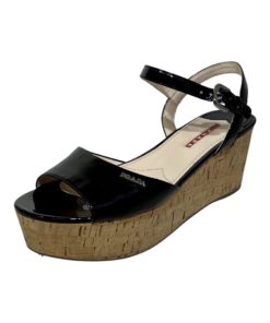 PRADA Patent Cork Wedge Sandal in Black (39) 9