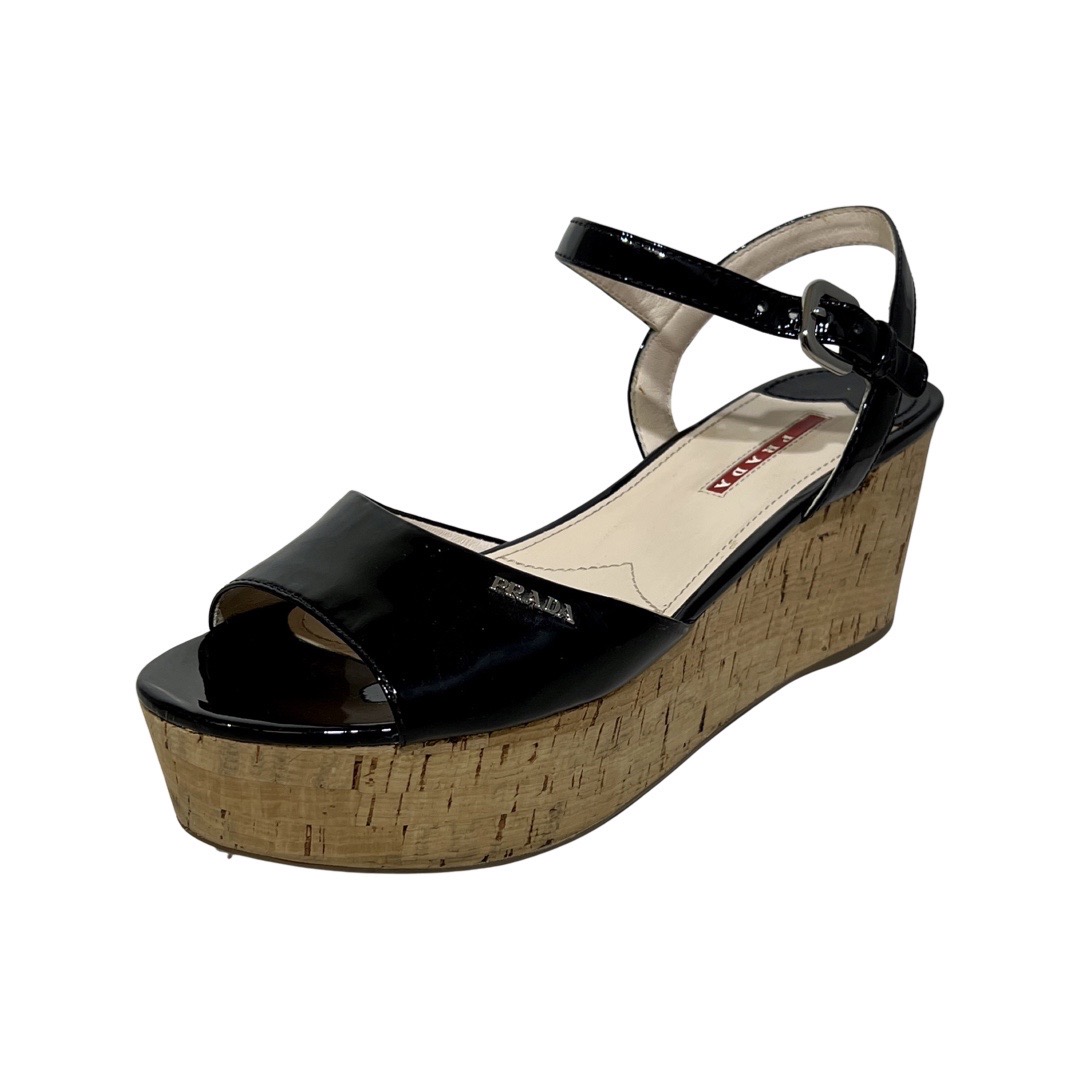 PRADA Patent Cork Wedge Sandal in Black (39) - More Than You Can