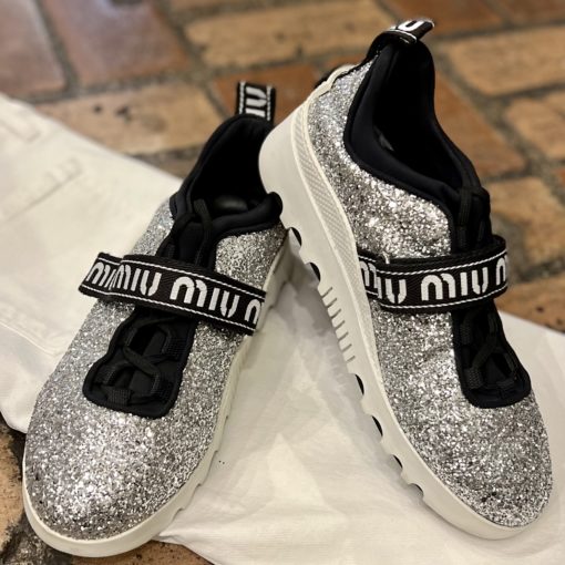 MIU MIU Glitter Sneakers in Silver and Black (38) 1