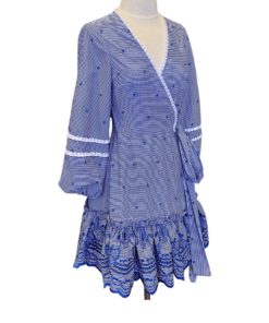 ALEXIS Check Wrap Dress in Blue and White (XS) 6