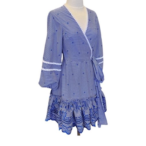 ALEXIS Check Wrap Dress in Blue and White (XS) 2