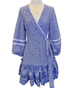 ALEXIS Check Wrap Dress in Blue and White (XS) 8