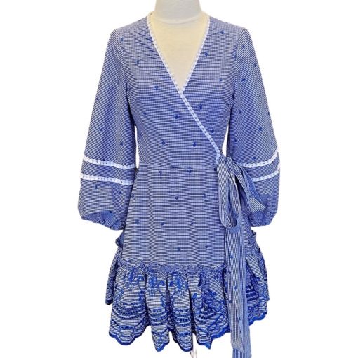 ALEXIS Check Wrap Dress in Blue and White (XS) 4
