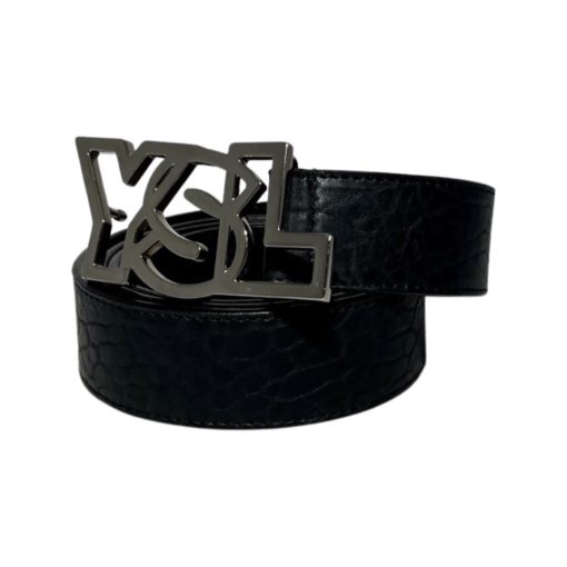 SAINT LAURENT YSL Logo Plaque Belt in Black and Silver 6