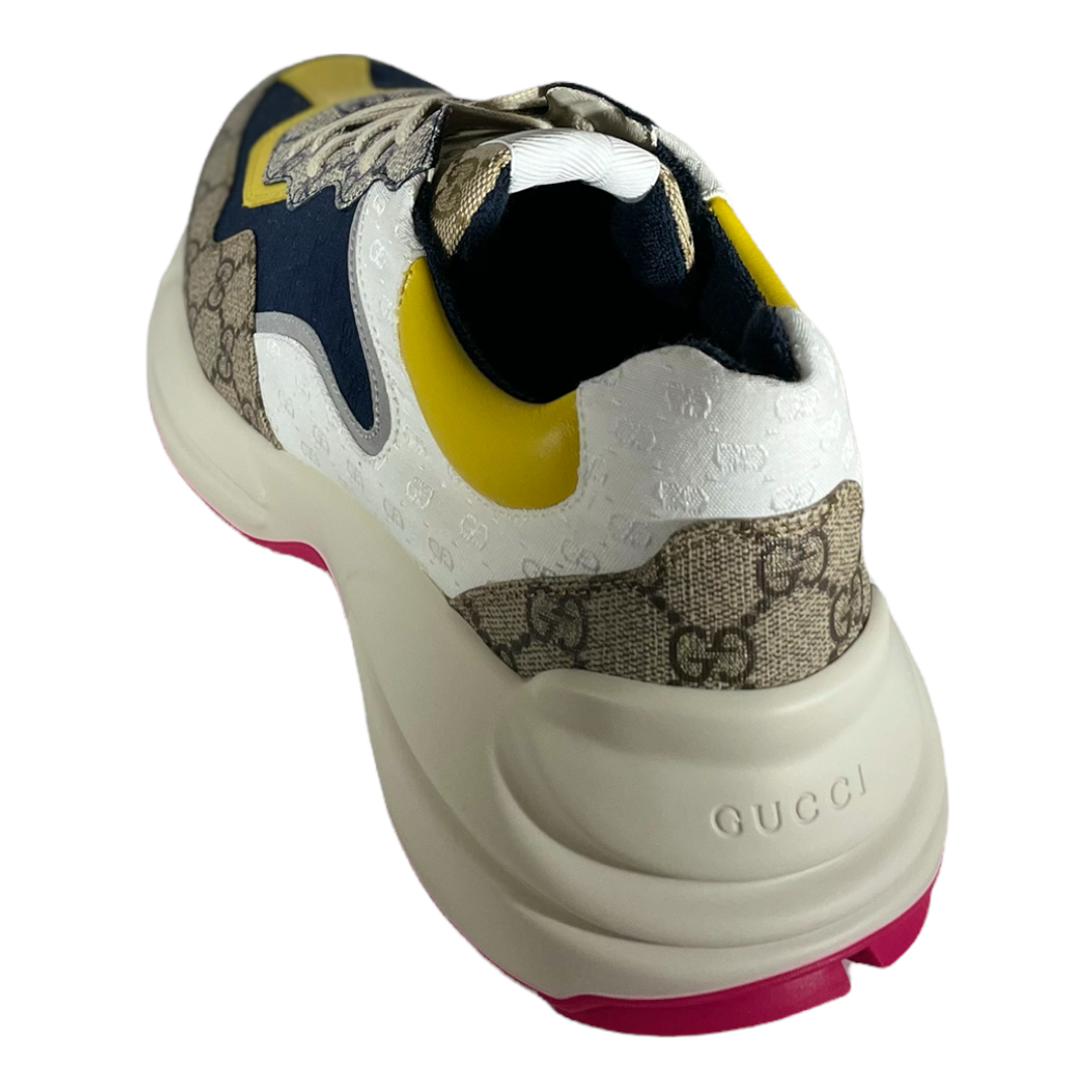 GUCCI Monogram Multicolor Mens Rhyton Sneakers 8.5 Yellow Blue Great White  Tabasco 1256385