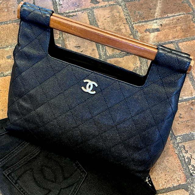 Chanel Black Caviar Leather Vintage Wooden Handle Tote