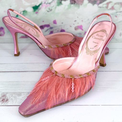RENE CAOVILLA Feather Sandals in Pink 1