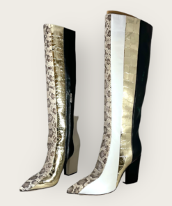 SERGIO ROSSI Metallic Exotic Boots in Ivory, Gold, Black and Animal Print  10