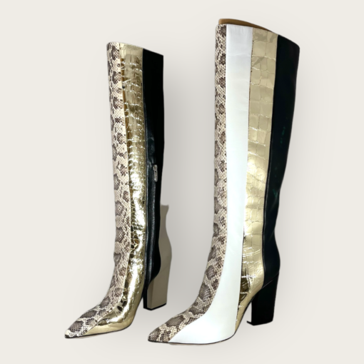 SERGIO ROSSI Metallic Exotic Boots in Ivory, Gold, Black and Animal Print  2